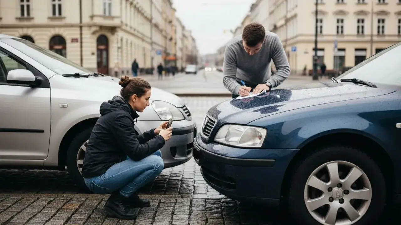 Kobieta robi zdjęcie telefonem, mężczyzna spisuje notatki po kolizji samochodowej na ulicy.