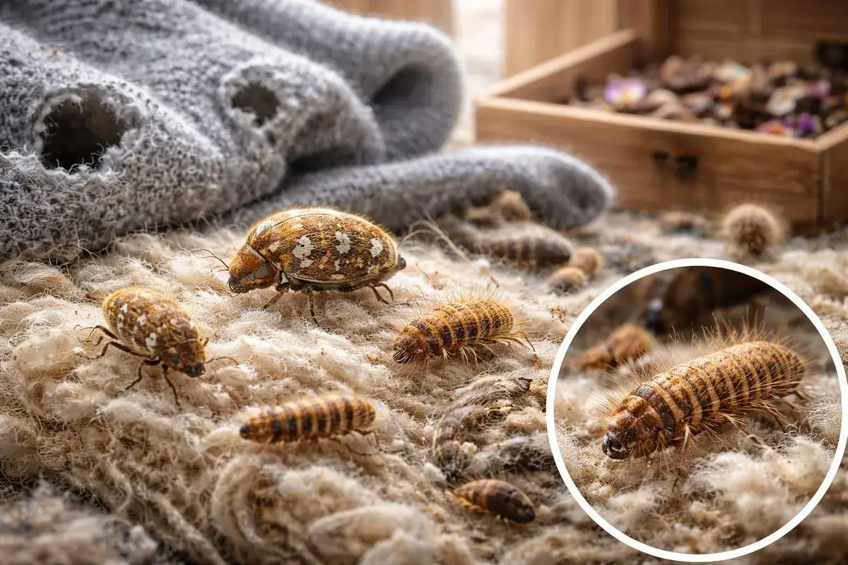 Insectes nuisibles dans la maison : des larves et des adultes de dermestes sur un tapis en laine, causant des d&eacute;g&acirc;ts.