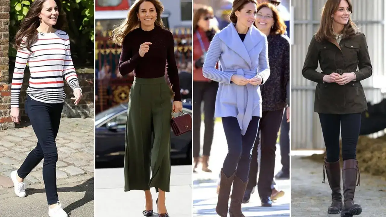 Księżna Kate w stylizacjach codziennych: paski, szerokie spodnie, płaszcz i kurtka.