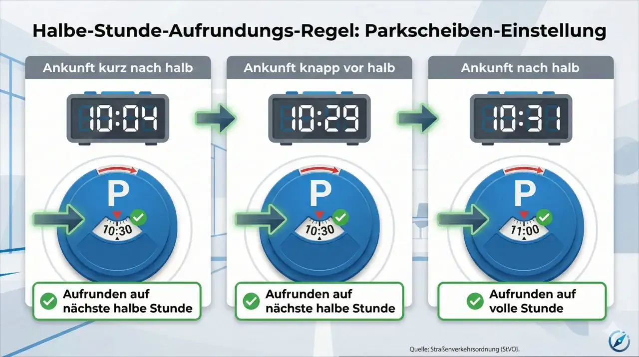 Anleitung zur Parkscheiben-Einstellung: Ankunft 10:04 wird auf 10:30 aufgerundet, 10:29 auf 10:30, 10:31 auf 11:00.