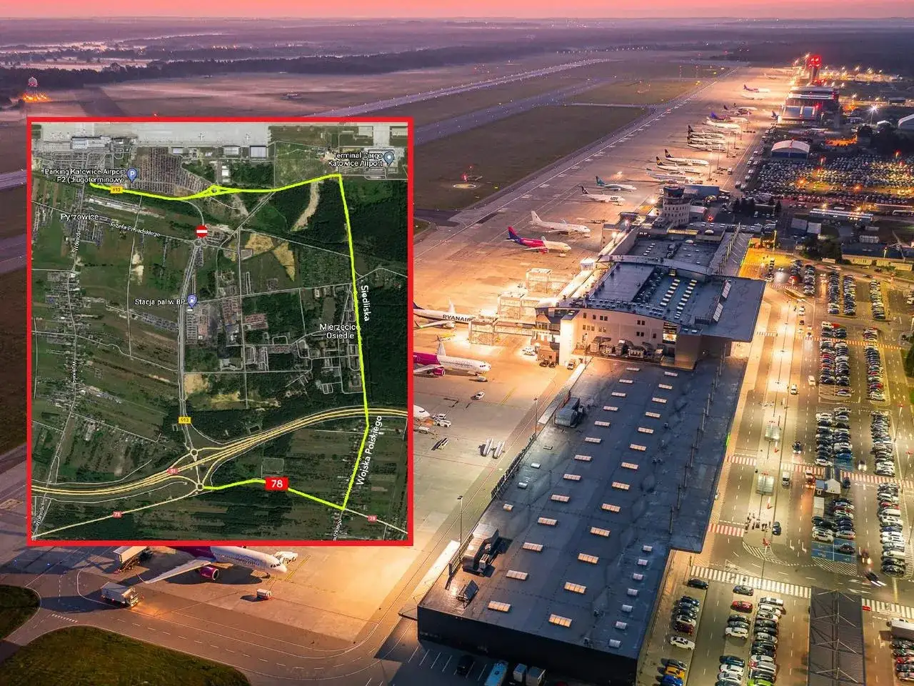 Mapa drogowa do kraków lotnisko katowice, z zaznaczoną trasą dojazdu i widokiem nocnego lotniska z samolotami.