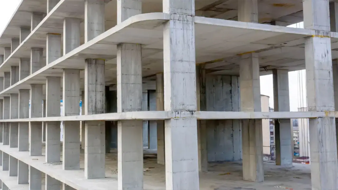 Estructuras de edificios en construcci&oacute;n, con pilares y forjados de hormig&oacute;n apilados en varios niveles.