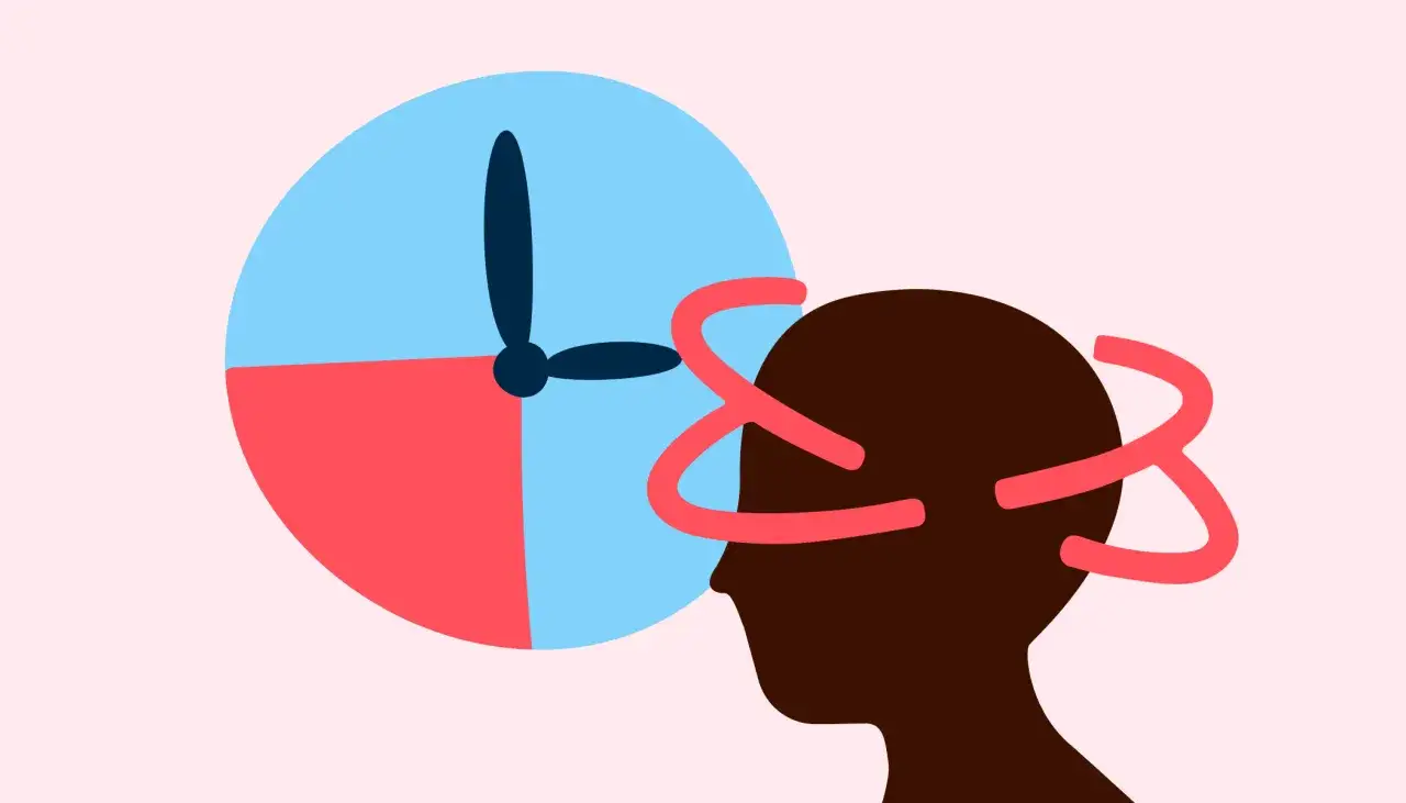 Kopf dreht sich, wie ein Propeller. Stress verursacht Schwindel und wirbelt Gedanken durcheinander.