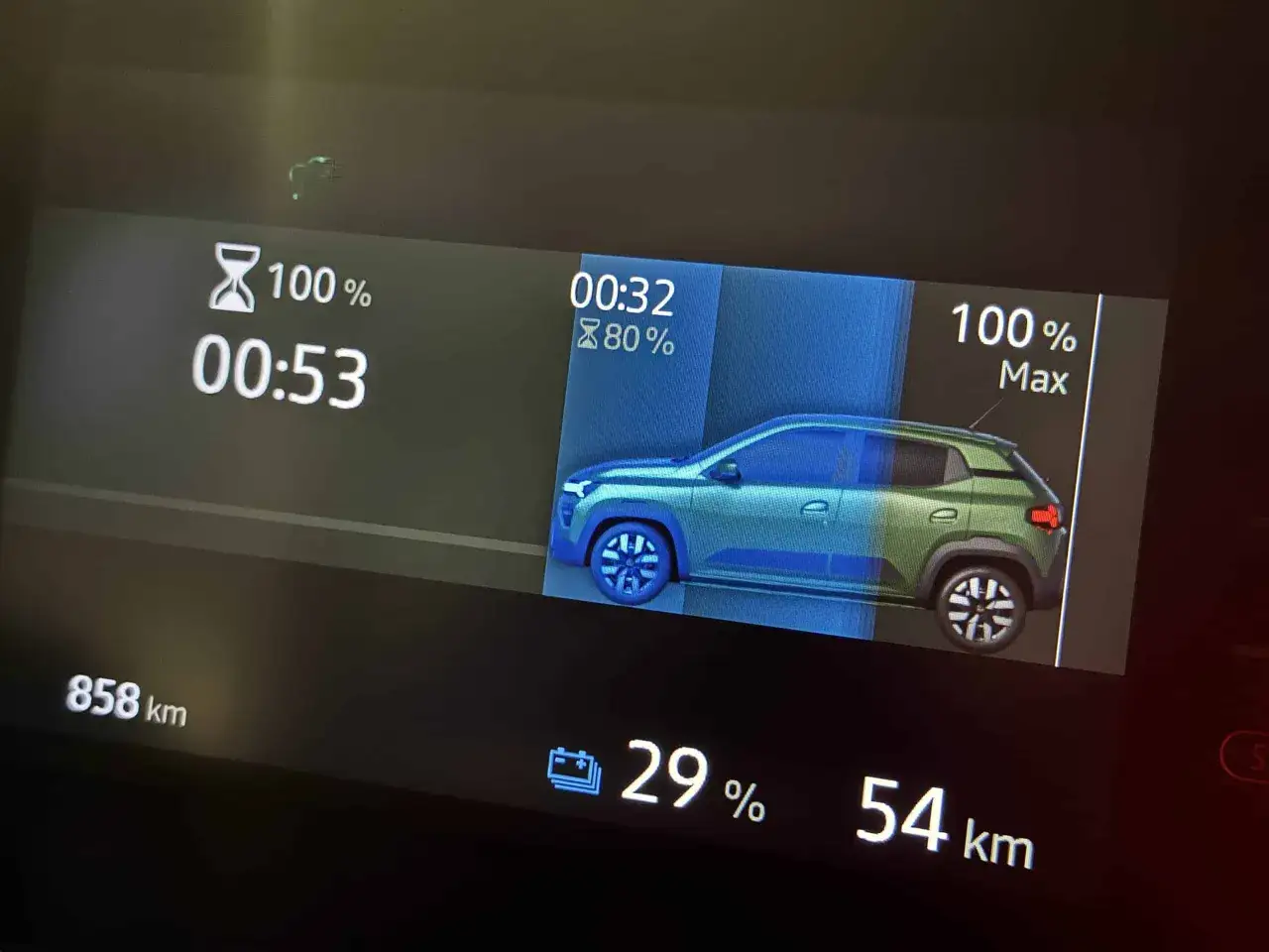Dacia Spring: ładowanie do 100% zajmie 53 minuty, a do 80% 32 minuty. Aktualny zasięg 54 km przy 29% baterii.