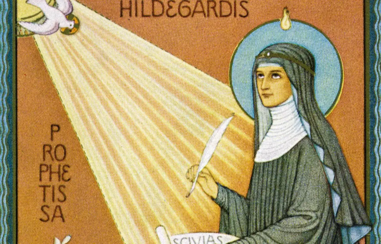 Hildegard von Bingen, eine Prophetin, schreibt ihre Visionen nieder. Ein Lichtstrahl und eine Taube symbolisieren göttliche Inspiration.
