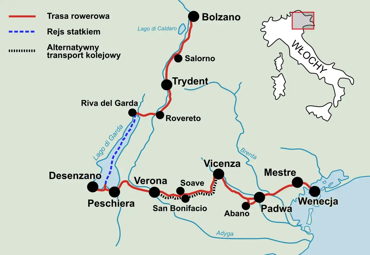 Mapa północnych Włoch z trasą rowerową od Bolzano do Wenecji, obejmującą jezioro Garda i miasta takie jak Werona. Idealna na objazdówkę po Włoszech samochodem.
