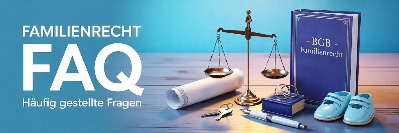 Familienrecht FAQ: Waage, Gesetzbuch, Schlüssel und Babyschuhe symbolisieren Fragen zum Kindesunterhalt, auch bei einem neuen Partner.