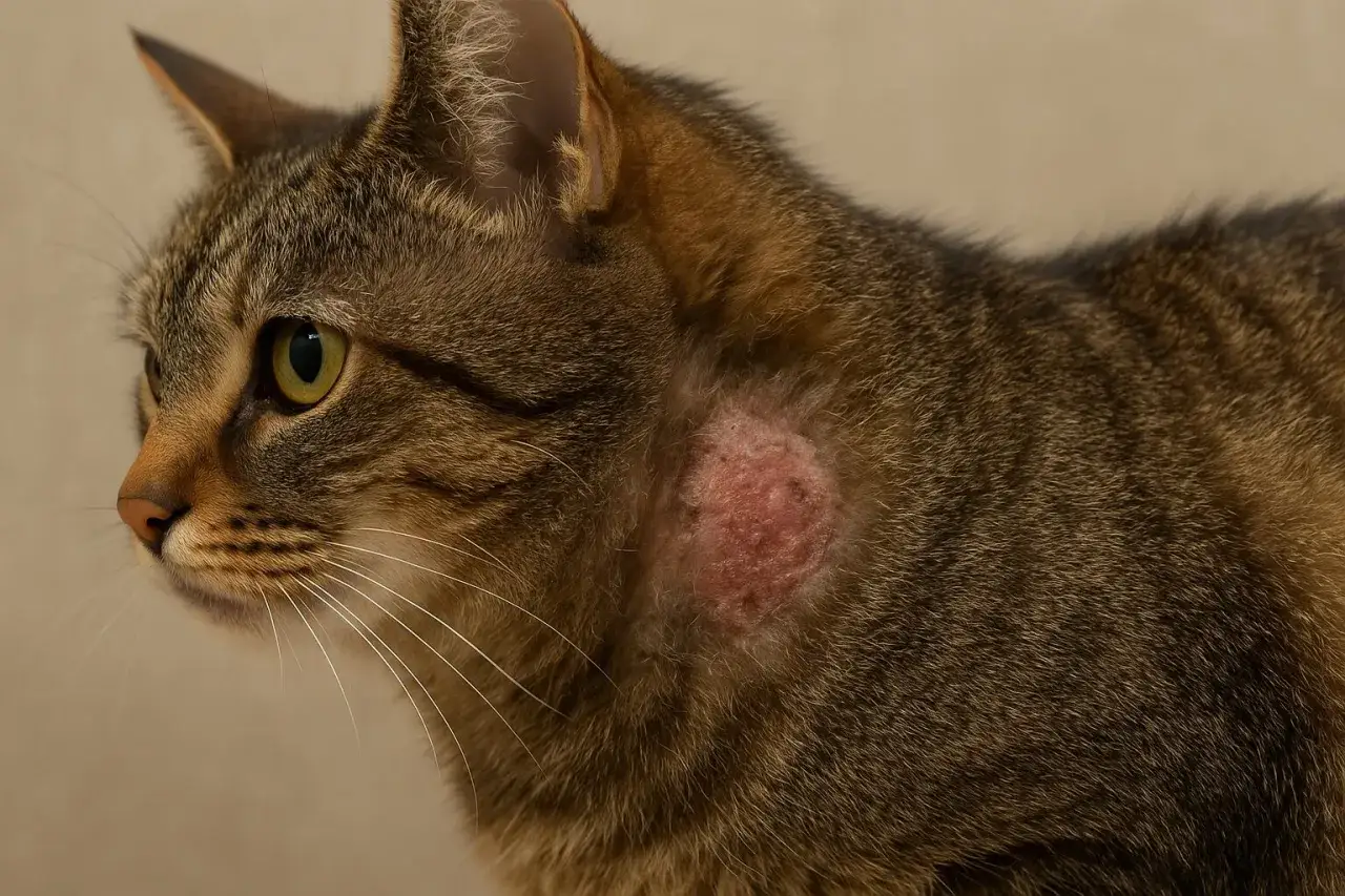 Un chat tigré présente une lésion cutanée rouge et irritée sur le flanc, possiblement due à une teigne chat.