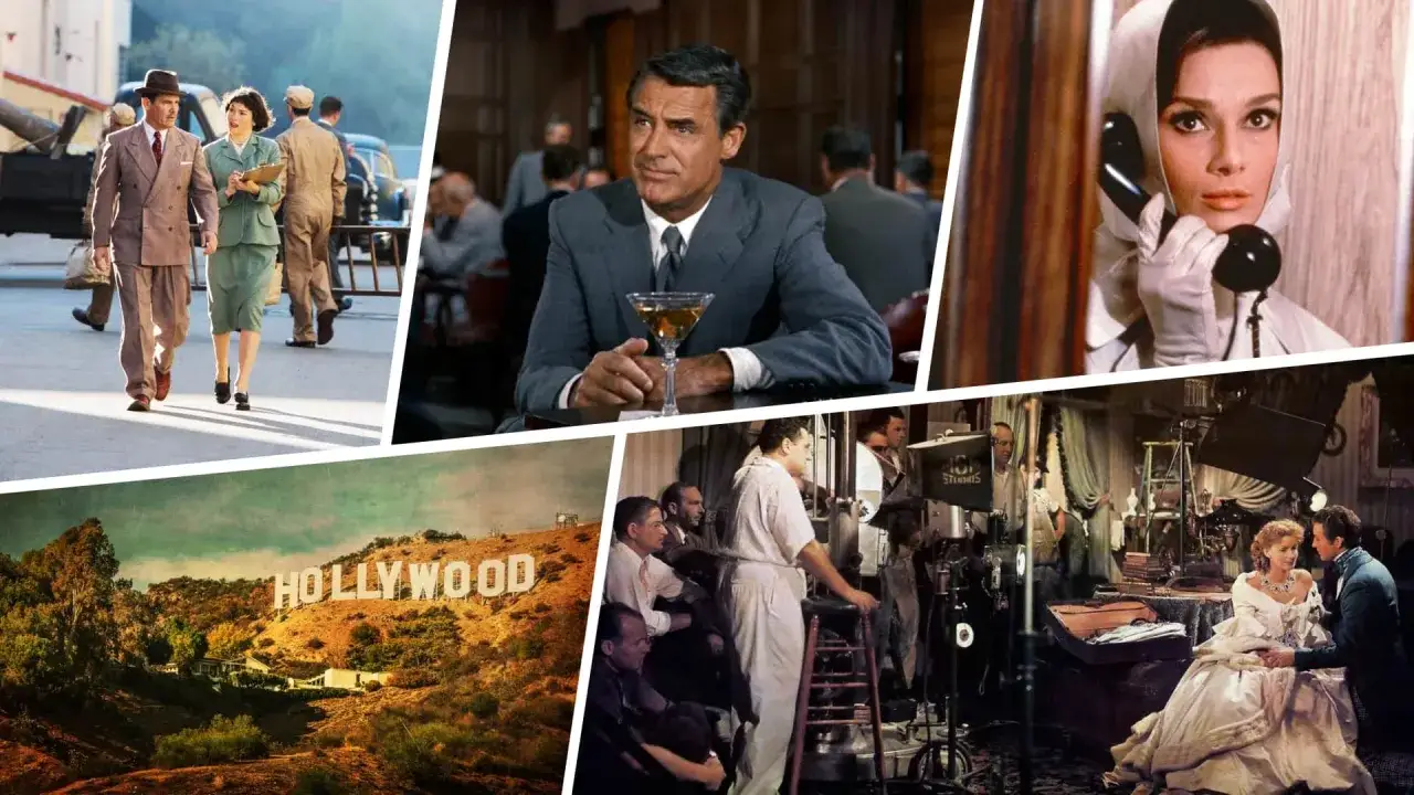 Kolaż zdjęć z epoki **old hollywood**: para w strojach z lat 50., Cary Grant z drinkiem, Audrey Hepburn przy telefonie, napis Hollywood i scena filmowa.