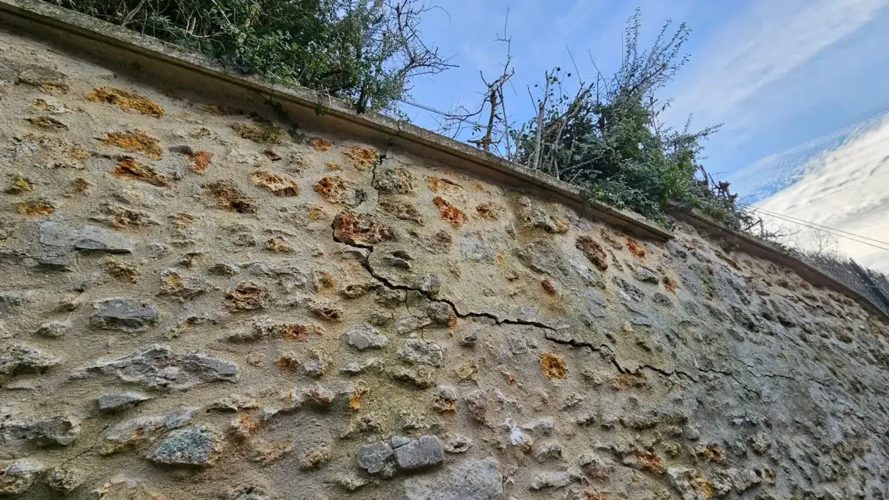 Un mur mitoyen en pierres pr&eacute;sente une fissure importante. Des travaux de r&eacute;paration sont n&eacute;cessaires pour s&eacute;curiser la structure.