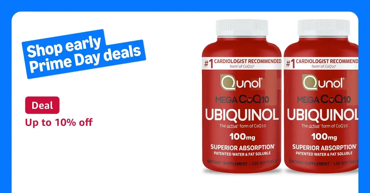 Dwie butelki suplementu Qunol Ubiquinol Mega CoQ10 100mg. Zastanawiasz się, czy koenzym q10 rano czy wieczorem? Skorzystaj z promocji!