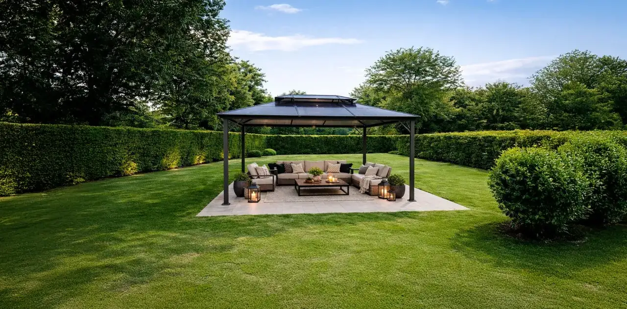 En lyxig gazebo svenska med bekväma soffor och ett soffbord inbjuder till avkoppling i en vackert anlagd trädgård.