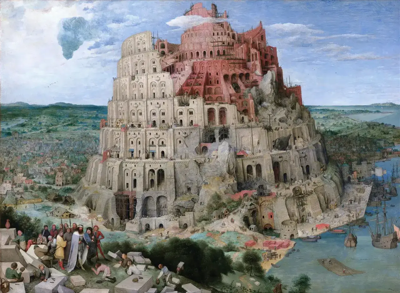 La tour de Babel aujourd'hui : une immense structure en construction, grouillant de travailleurs, s'élevant au-dessus d'une ville et d'un port animés.