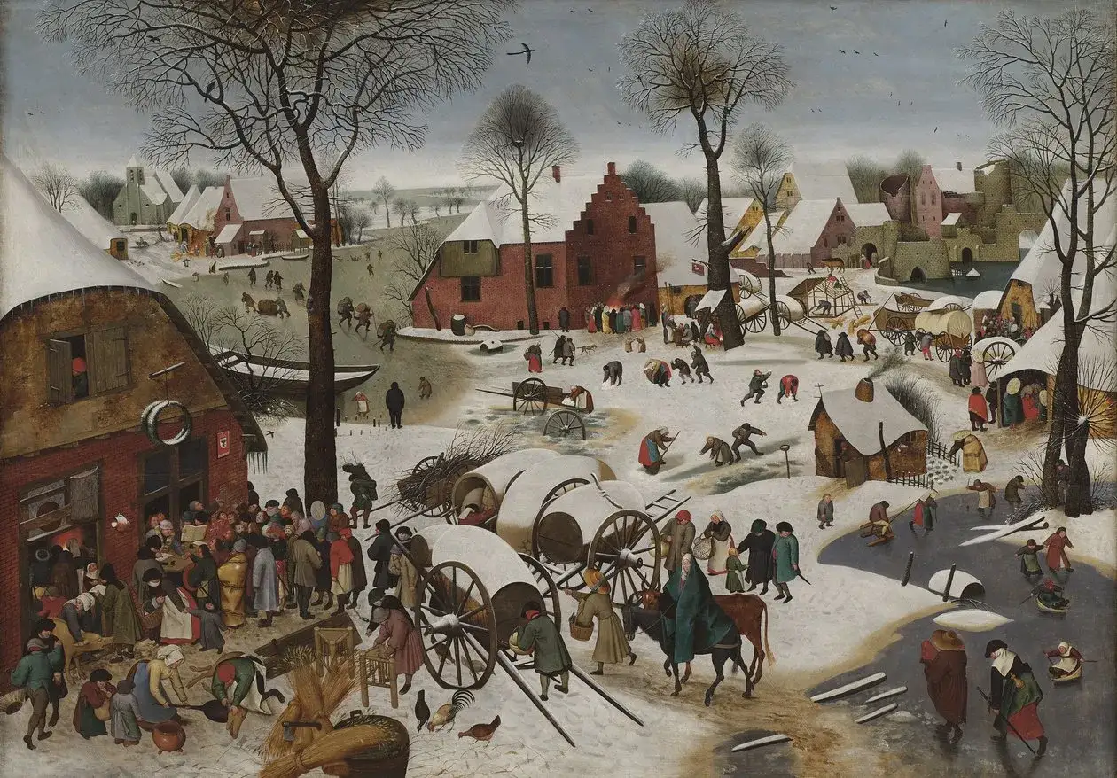 Zimowa wieś na obrazie **Pieter Brueghel Młodszy**. Ludzie pracują, bawią się na lodzie i wracają do domów.