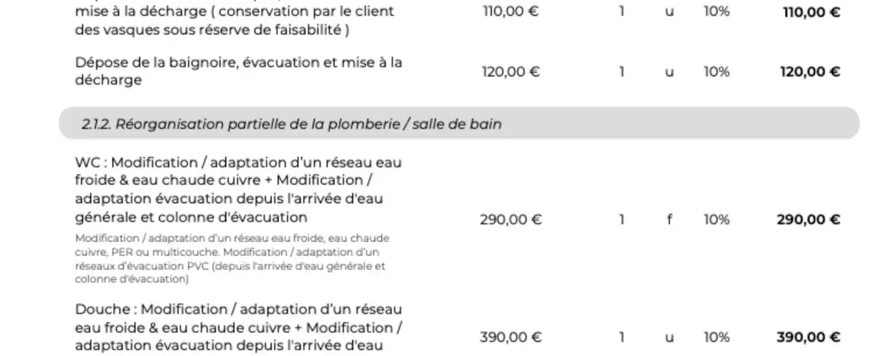 Devis pour réorganisation plomberie : WC et douche, avec travaux supplémentaires non prévus au devis. Modification réseaux eau et évacuation.