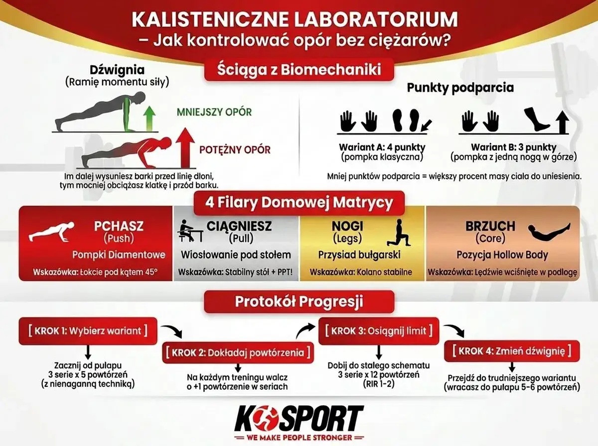 Grafika o treningu kalistenicznym: biomechanika, punkty podparcia, 4 filary (pchanie, ciągnięcie, nogi, brzuch) i protokół progresji.