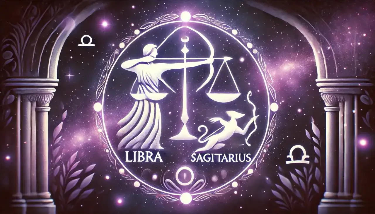 Symbolika zodiaku: strzelec i waga w kosmicznej scenerii.