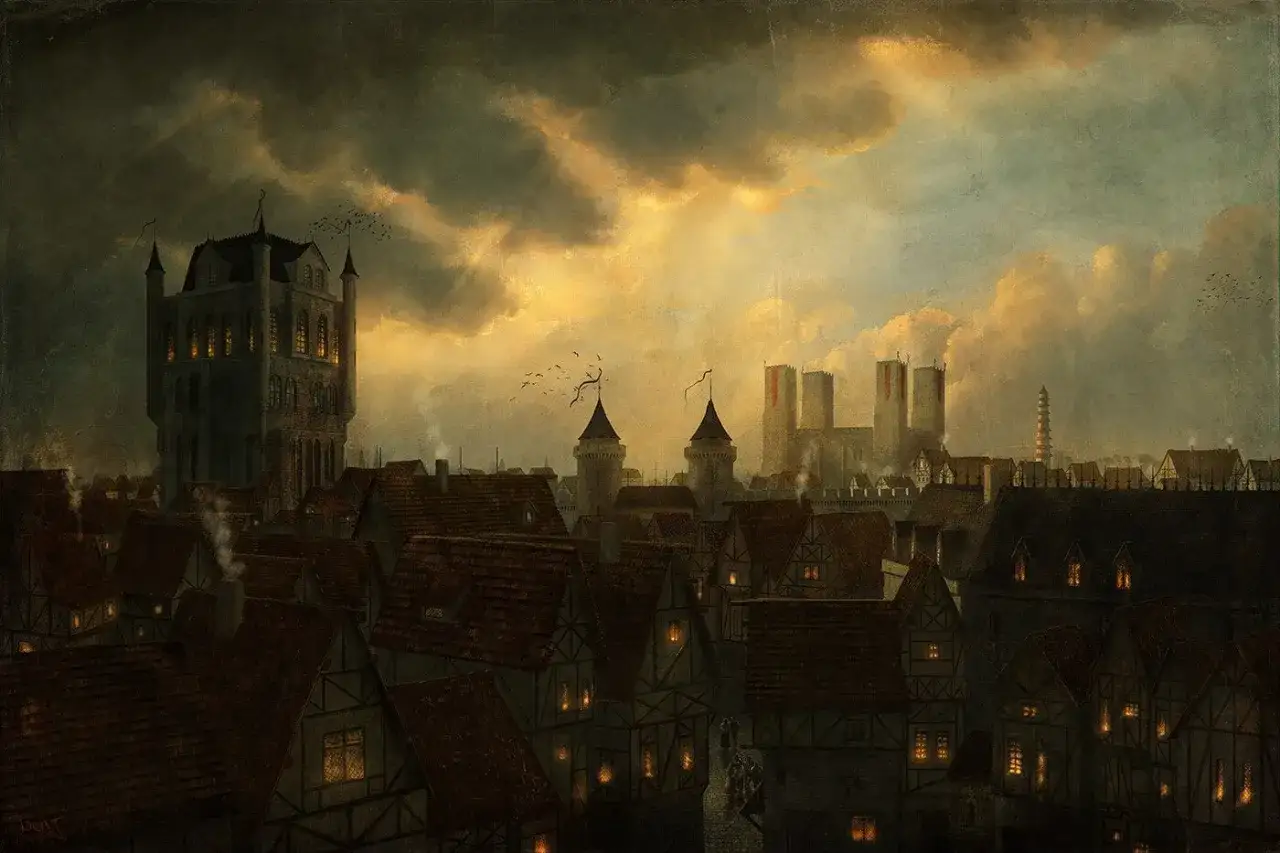 Mroczne niebo nad Baldur's Gate 4. Widać wieżę, dachy domów i zamglone budowle w oddali.