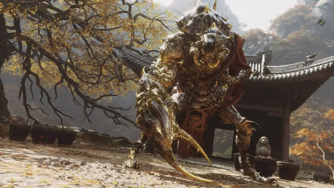 Un imponente guerrero dorado, como sacado de una **guía de Black Myth Wukong**, se alza ante un templo tradicional.
