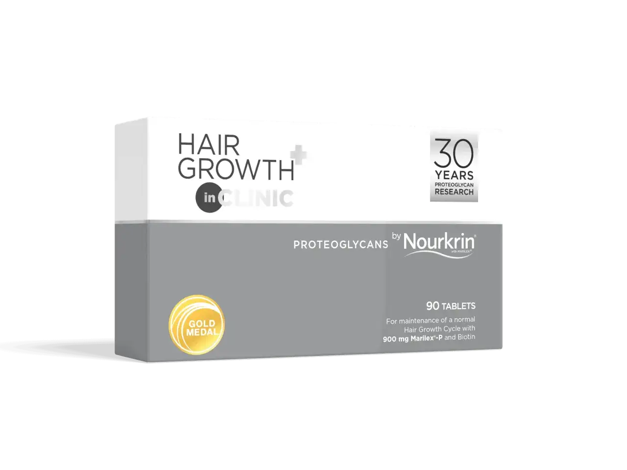 Opakowanie Nourkrin Hair Growth. Dowiedz się, ile czasu rosną włosy, dzięki badaniom nad proteoglikanami. Złoty medal.