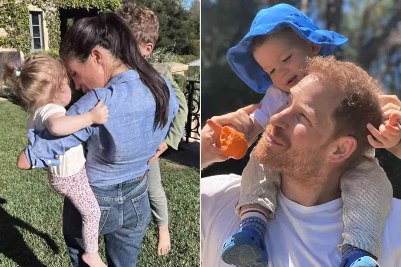 Meghan y Harry disfrutan de un d&iacute;a soleado con sus hijos. Meghan abraza a su hija, mientras Harry lleva a su hijo en hombros.