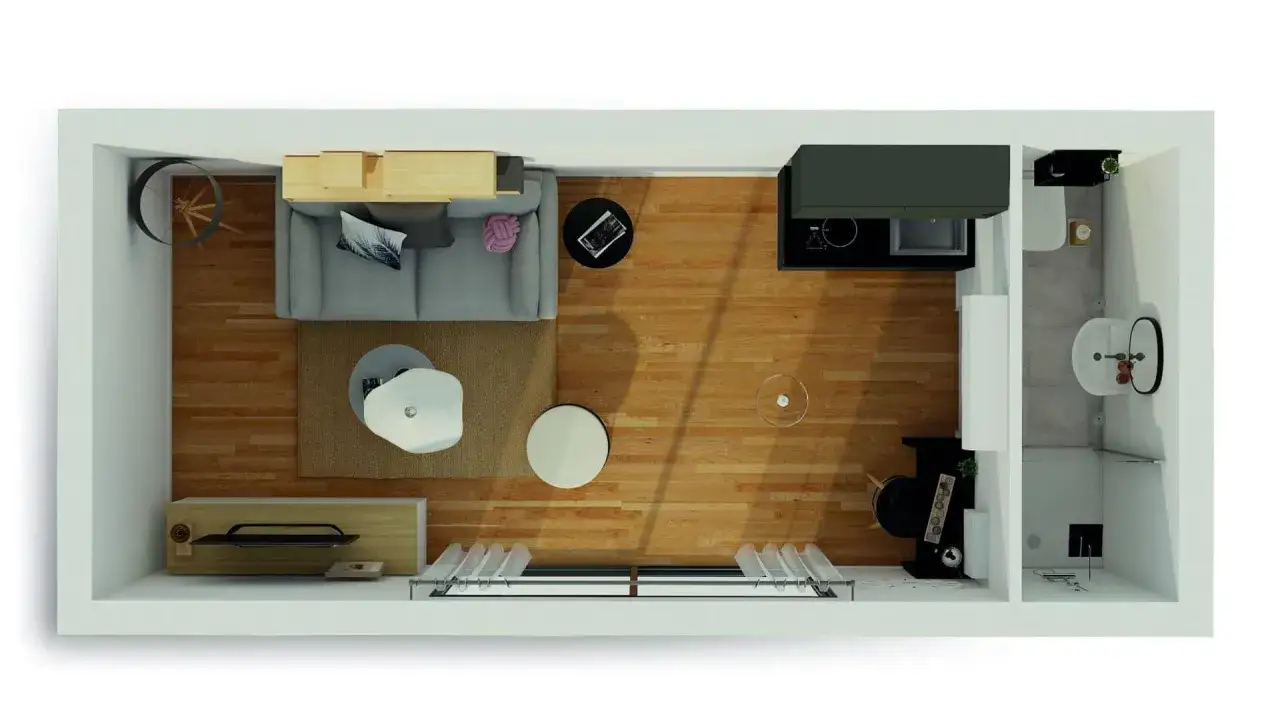 Plan studio 20m2 en longueur : salon cosy, coin cuisine fonctionnel, et salle de bain. Idéal pour un espace optimisé.