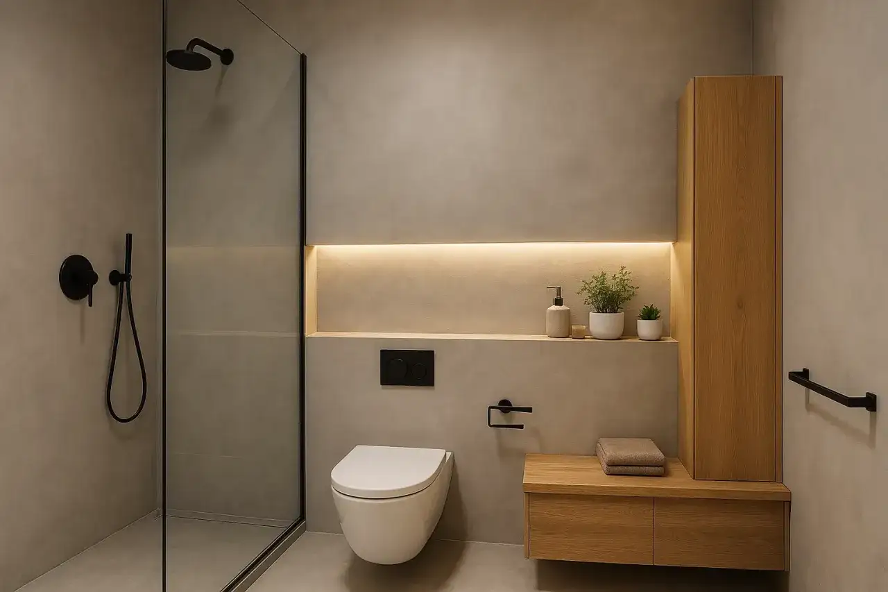 Baño moderno con ducha de cristal, inodoro suspendido y mueble de madera. El microcemento baño aporta un estilo minimalista y elegante.