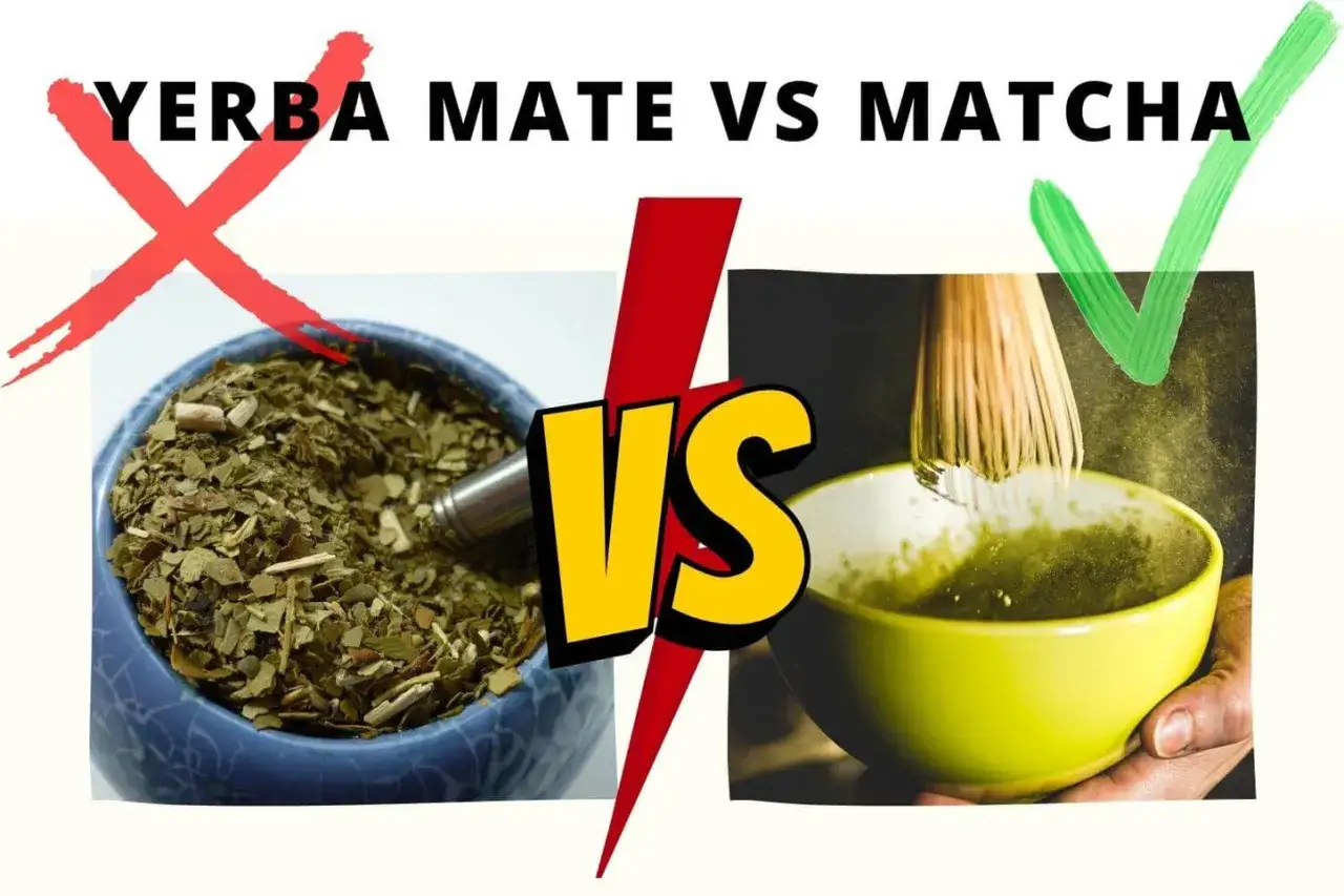 Vergleich: Yerba Mate (links, rot durchgestrichen) vs. Matcha (rechts, gr&uuml;n angehakt). Zubereitung von Matcha mit Bambusbesen.