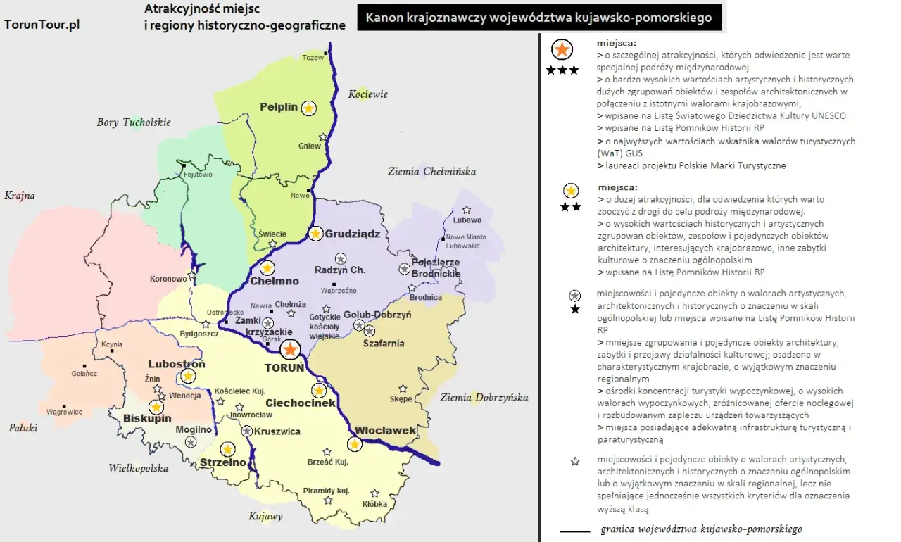 Mapa atrakcji turystycznych województwa kujawsko-pomorskiego z zaznaczonymi regionami i miejscowościami.