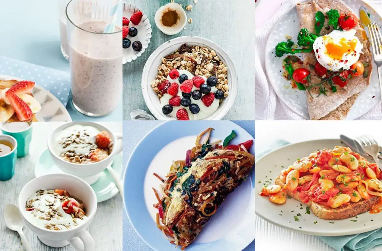 Kolorowe propozycje na śniadanie: owsianka z owocami, smoothie, jajko sadzone na placku, omlet z warzywami i fasolka po bretońsku na grzance.
