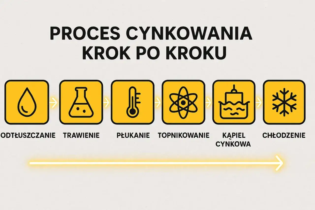 Proces cynkowania krok po kroku: odtłuszczanie, trawienie, płukanie, topnikowanie, kąpiel cynkowa, chłodzenie.