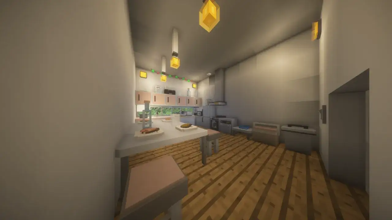 Nowoczesna kuchnia w Minecraft z mrcrayfish's furniture mod. Jasne blaty, różowe szafki i drewniana podłoga.