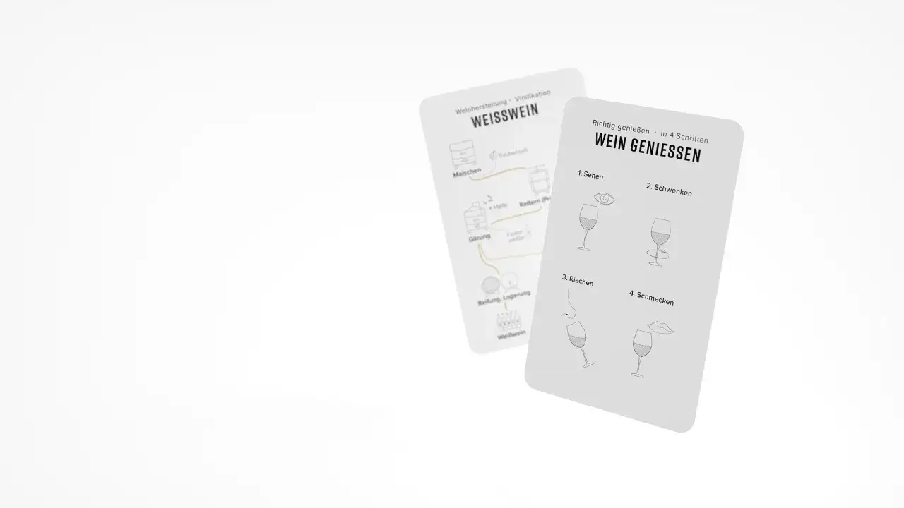 Anleitung: wie trinkt man wein. Vier Schritte: Sehen, Schwenken, Riechen, Schmecken. Daneben: Herstellung von Wei&szlig;wein.