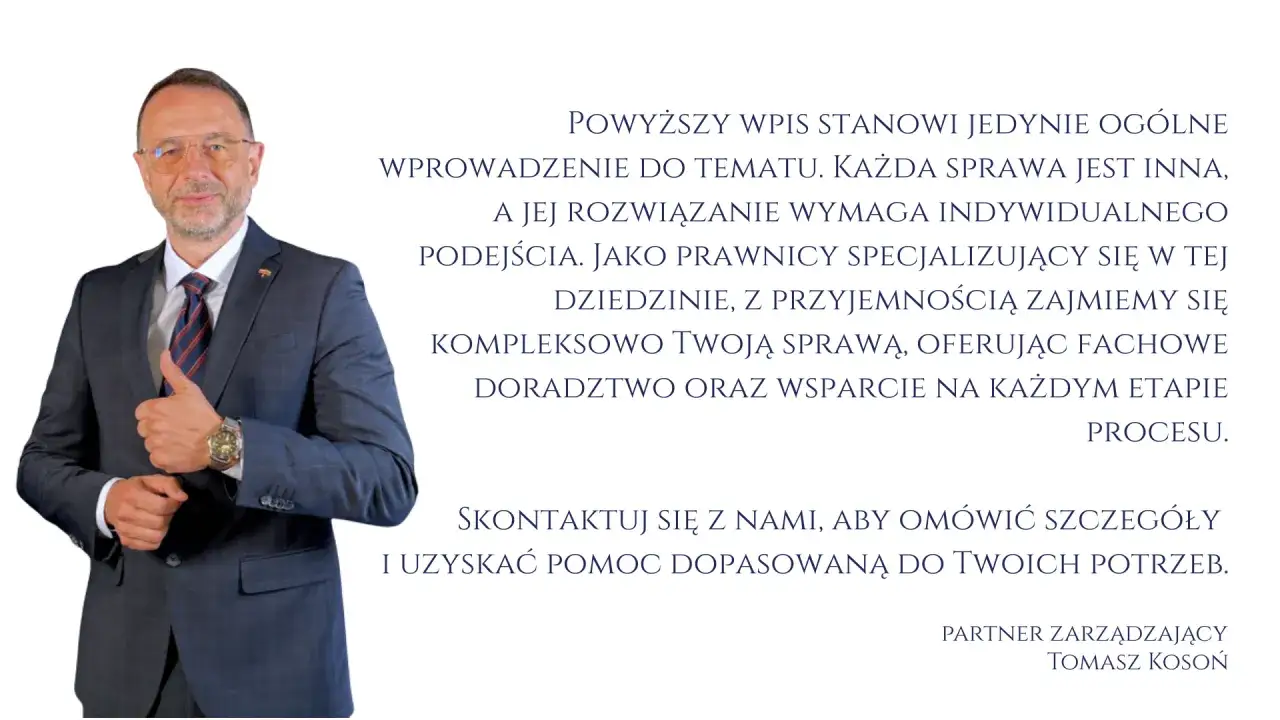 Mężczyzna w garniturze pokazuje kciuk w górę. Tekst wyjaśnia, czym jest audyt i oferuje pomoc prawną.