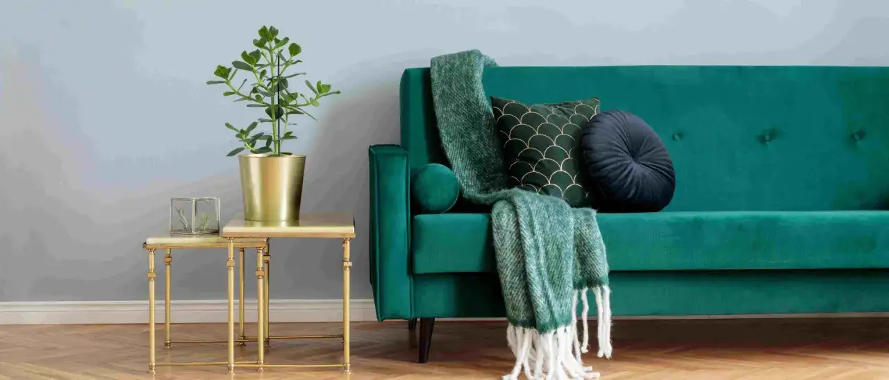 Smaragdgrüne Velourcouch mit Kissen und Decken. Ein kleiner Tisch mit Pflanze daneben. Tipps zur velourcouch reinigen.