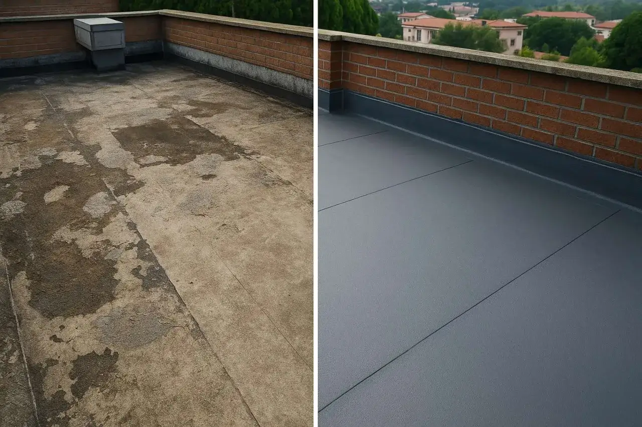 Prima e dopo: la ristrutturazione del balcone ha trasformato una superficie usurata in uno spazio moderno e impermeabile.