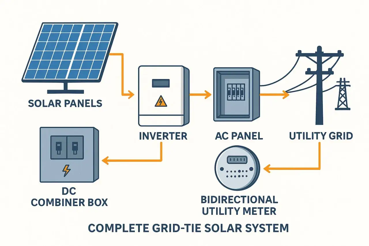 Schemat kompletnego systemu solarnego: panele słoneczne, skrzynka DC, falownik, panel AC, licznik dwukierunkowy i sieć energetyczna.