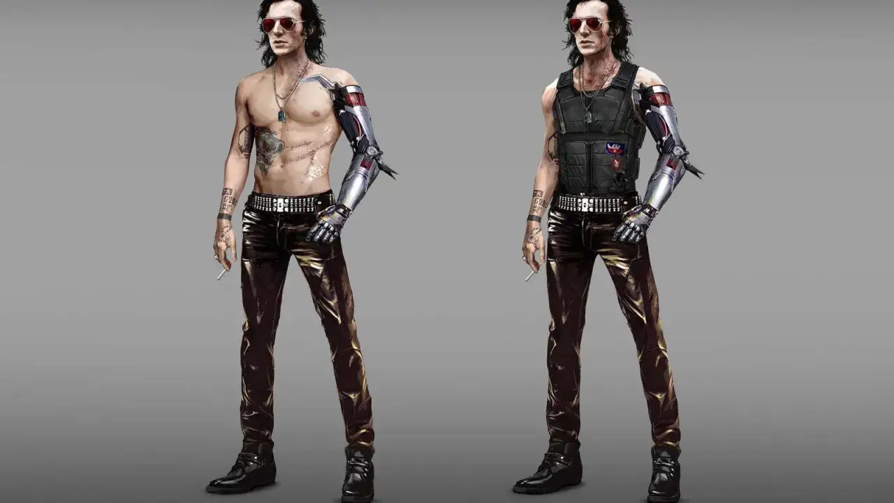 Johnny Silverhand, aktor z cybernetycznym ramieniem, w skórzanych spodniach i z papierosem.