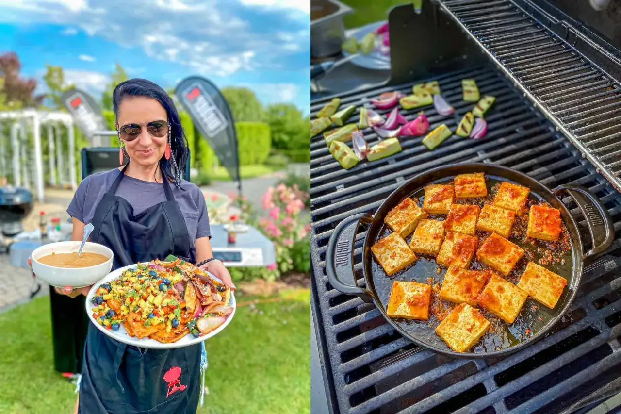 Kobieta prezentuje danie z grilla: grillowany tofu i warzywa. Idealne co na grilla bez mięsa!