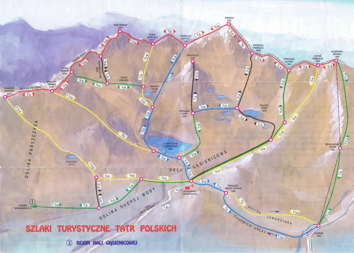 Mapa turystyczna Tatr Polskich, ukazująca szlaki w rejonie Hali Gąsienicowej. Kolorowe linie oznaczają różne trasy, z podanymi czasami przejścia.