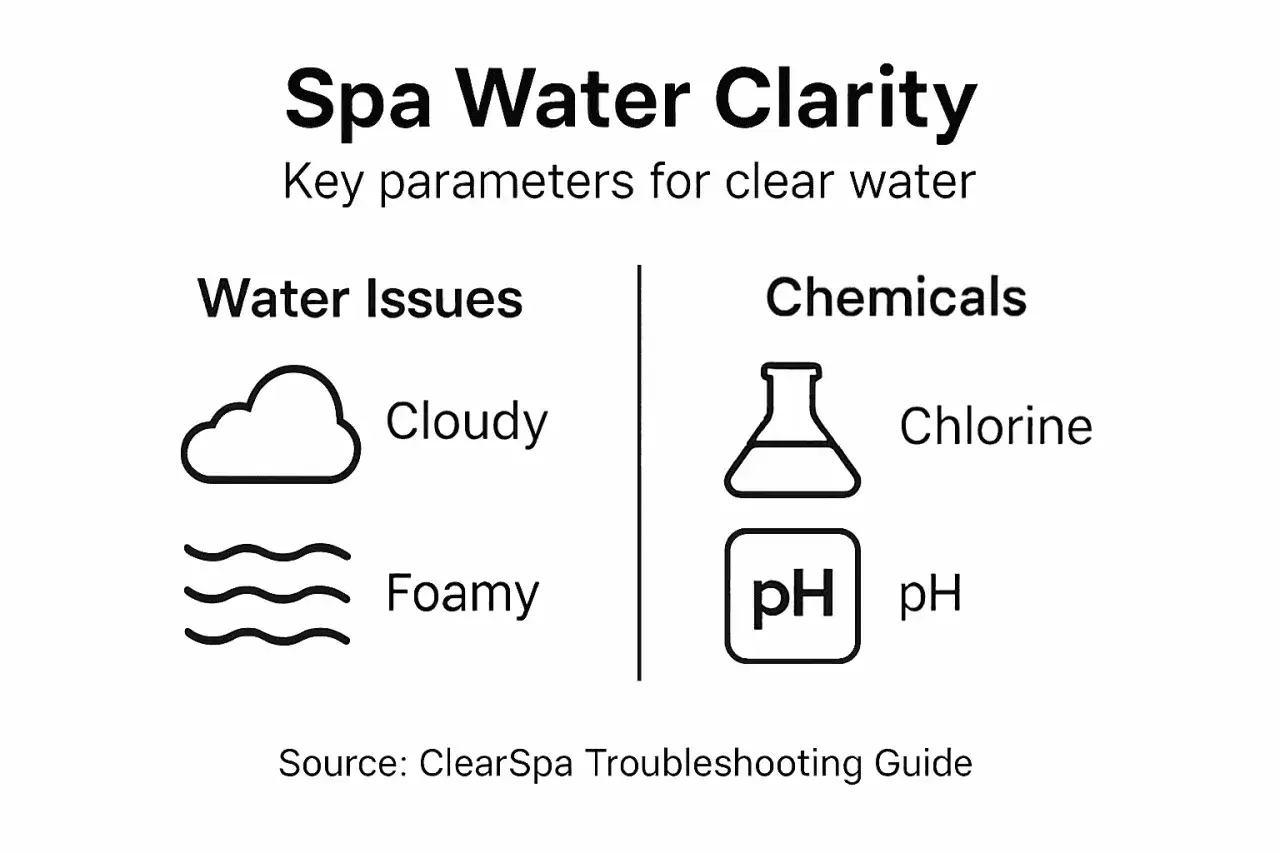 Clarté de l'eau de spa : problèmes (eau trouble, écume) et produits chimiques (chlore, pH).