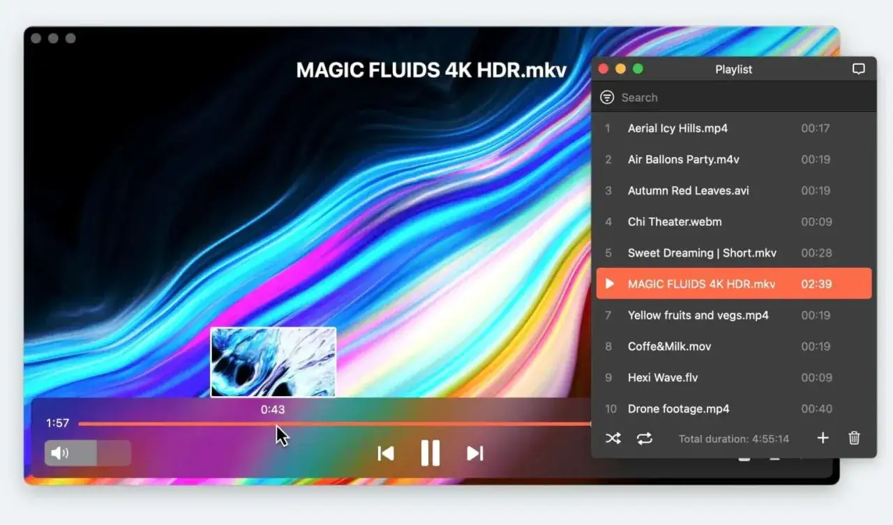 IINA player shows a playlist with