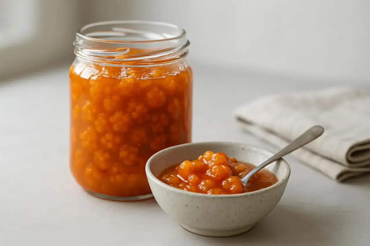 Burk med hemlagad hjortronsylt och en skål med sked. Perfekt för ett enkelt hjortronsylt recept.