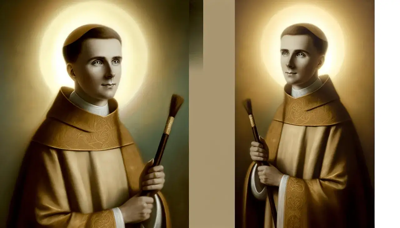 Św. Radosław, młody święty w złotej szacie, trzyma pędzel, symbol swojej misji.