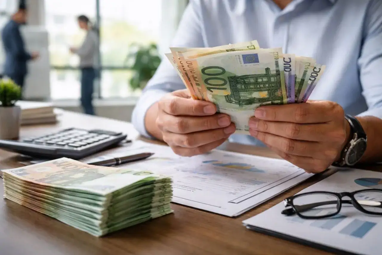 Mani che contano banconote euro, con calcolatrice e occhiali sul tavolo. Un buon motivo per pensare a perchè cambiare lavoro.