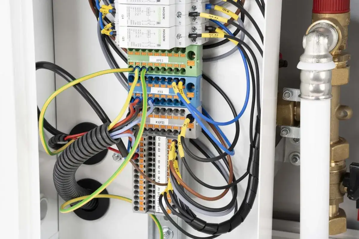 Wiązka przewodów w skrzynce sterowniczej, gdzie każdy kabel jest oznaczony. Pytanie: jaki przewód do pompy ciepła?