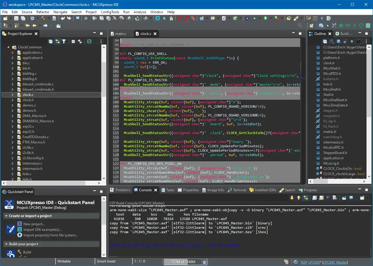 Entwickler-IDE im eclipse dark mode, zeigt Code-Editor mit C-Code und Projektstruktur.