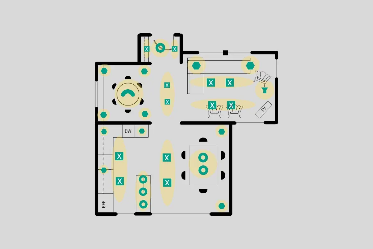 Grundriss mit Lichtplanung f&uuml;r einen Neubau: Beleuchtungszonen, Leuchtenpositionen und 