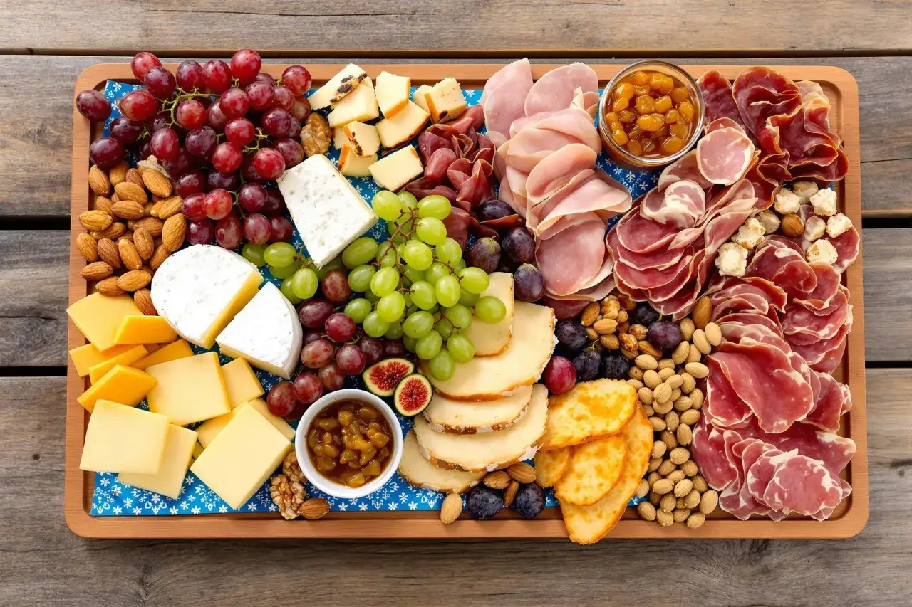 Plateau gourmand : fromages, charcuteries, fruits et noix, parfait pour un ap&eacute;ro vin rouge.